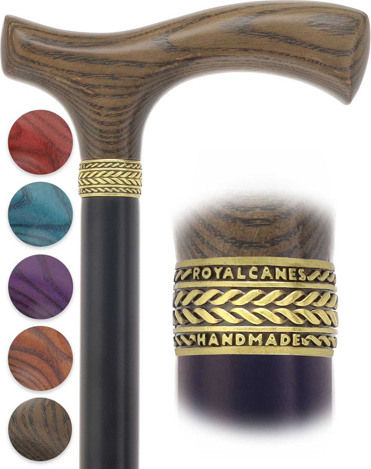 Royal Canes Classic Fritz: Wood-Stained, Pewter Collar (Standard & Slim Profiles) Fritz Handle Walking Canes - Tophatter Daily Deals
