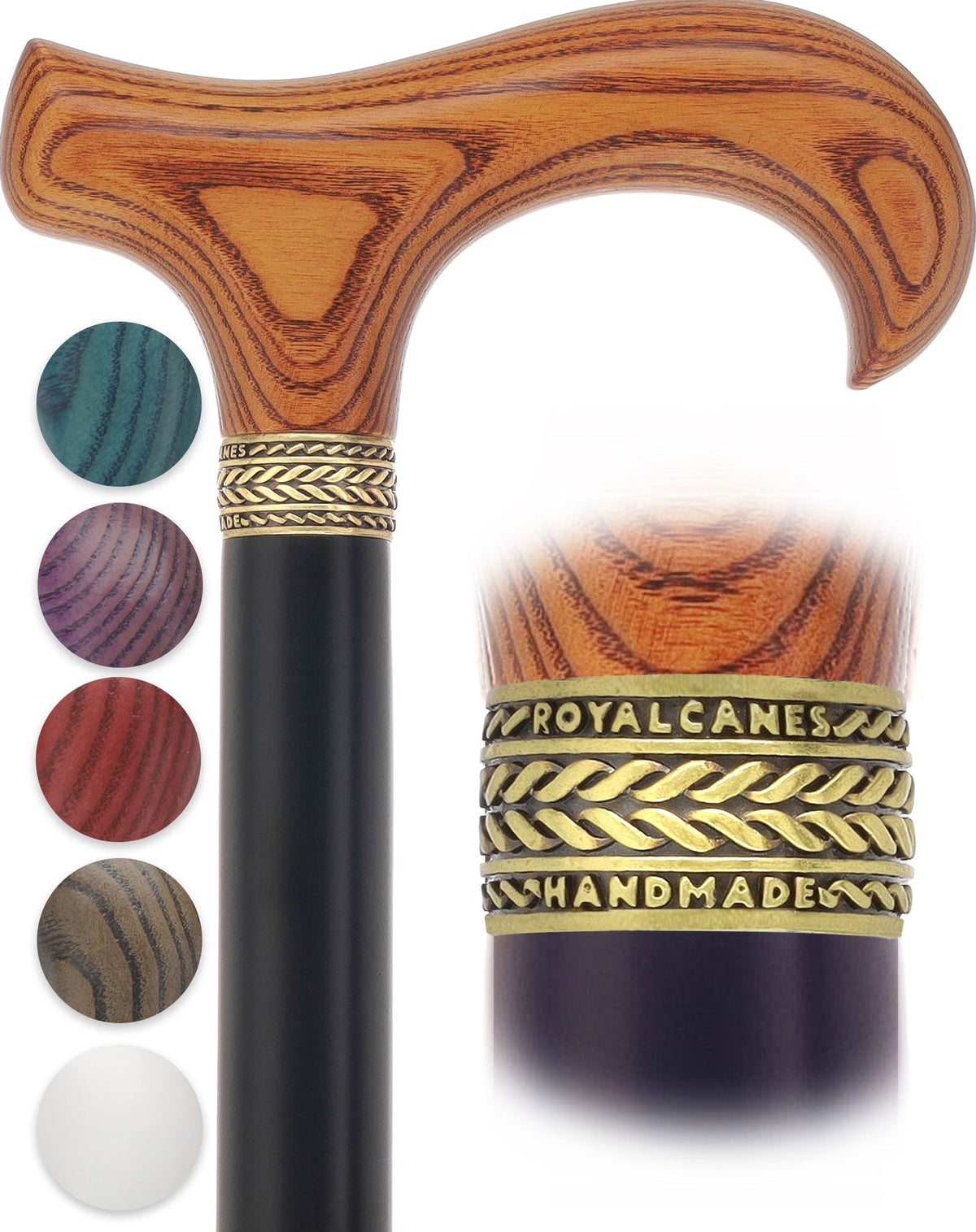 Royal Canes Classic Derby Walking Cane, Wood-Stained, Pewter Collar, Multiple Colors Derby Classic Walking Canes - Tophatter Daily Deals