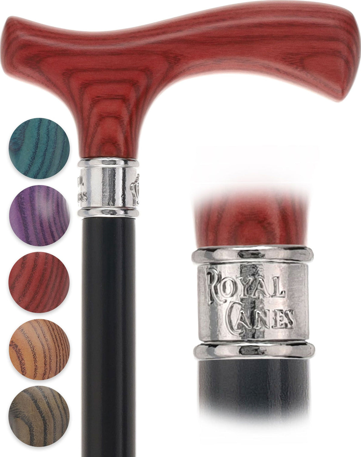 Royal Canes Classic Fritz: Wood-Stained, Pewter Collar (Standard & Slim Profiles) Fritz Handle Walking Canes - Tophatter Daily Deals