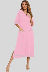 Zip Up Slit Round Neck Night Dress with Pockets Blush Pink Sleep Dresses - Tophatter Daily Deals