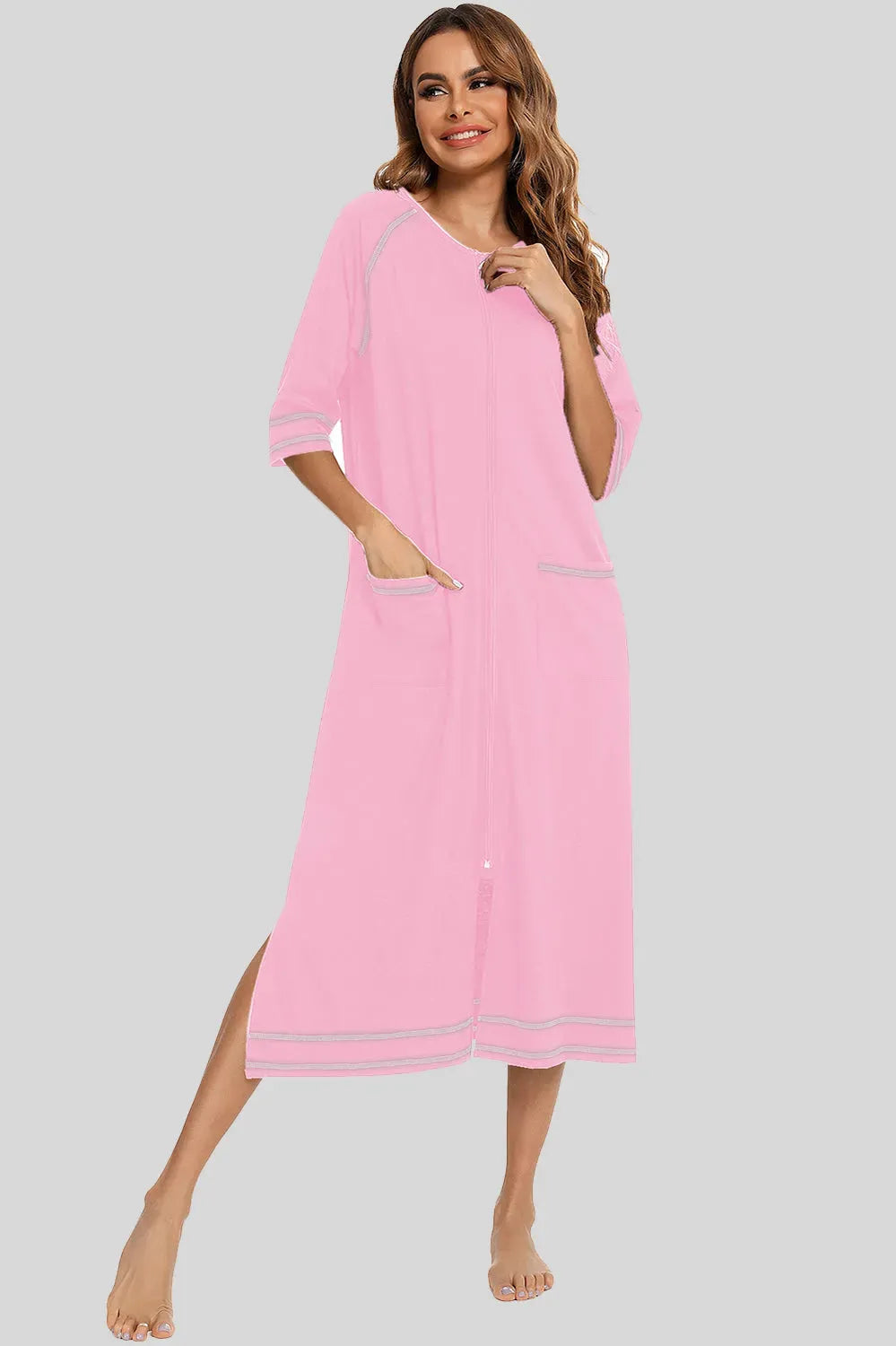 Zip Up Slit Round Neck Night Dress with Pockets Sleep Dresses - Tophatter Daily Deals