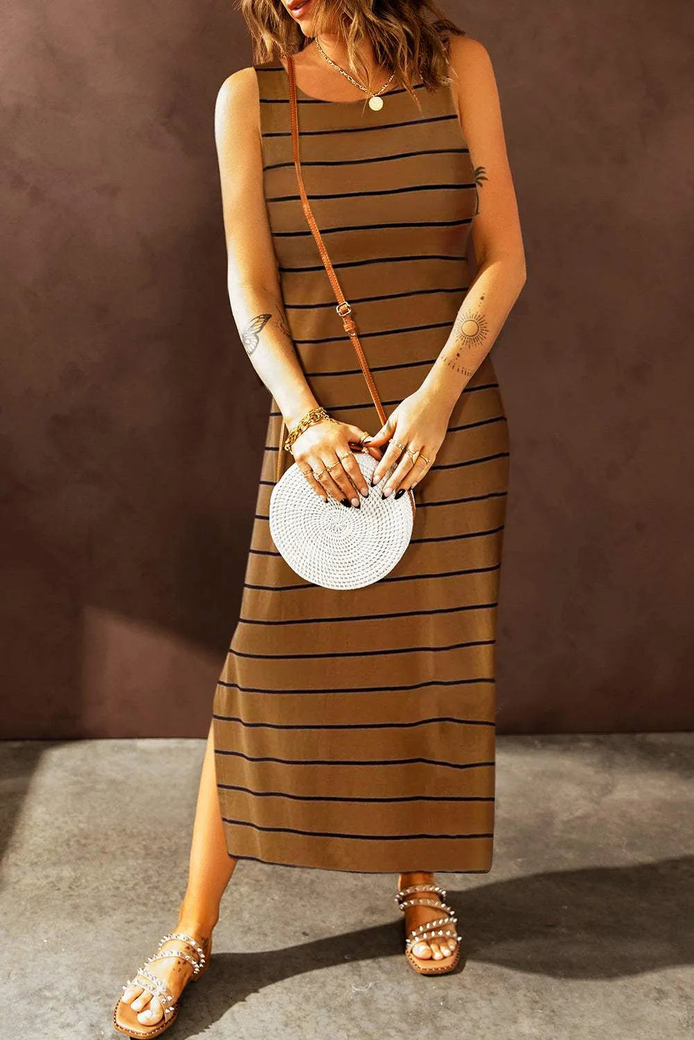 Striped Slit Sleeveless Maxi Dress Chestnut Casual Dresses - Tophatter Daily Deals