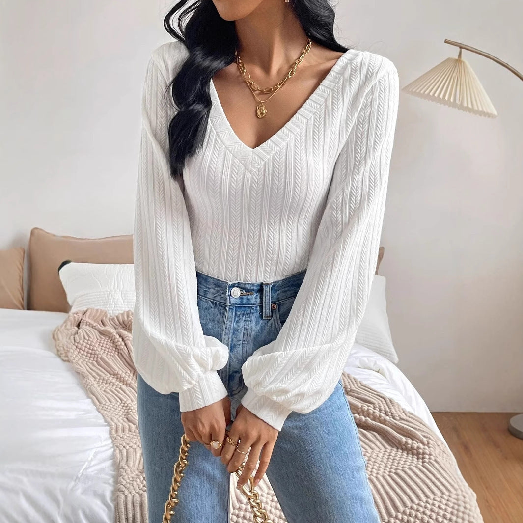 Fitted Womens V Neck Bishop Sleeve Top - Ribbed Knit Casual White 3D Changing Face Moving Picture Frame - Tophatter Daily Deals