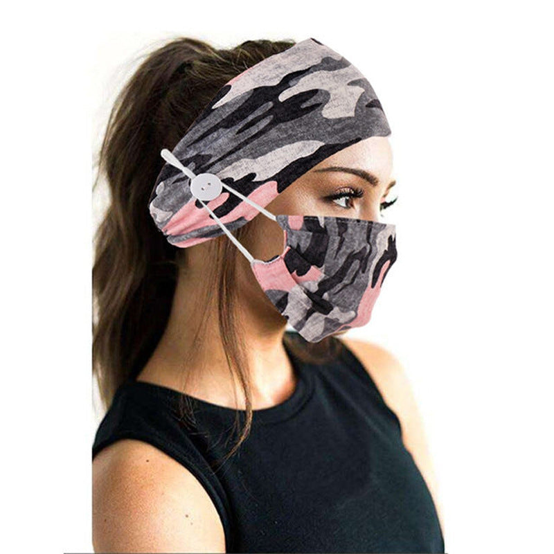 Button headband mask headscarf hair accessory 2-piece set Set Pink camouflage 0 - Tophatter Daily Deals