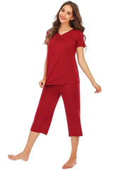 V-Neck Short Sleeve Top and Pants Lounge Set Loungewear Sets - Tophatter Daily Deals