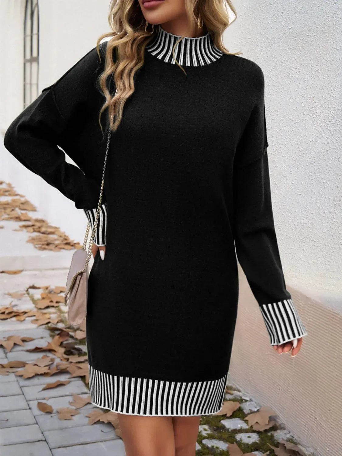 Striped Mock Neck Long Sleeve Sweater Dress Black Casual Dresses - Tophatter Daily Deals