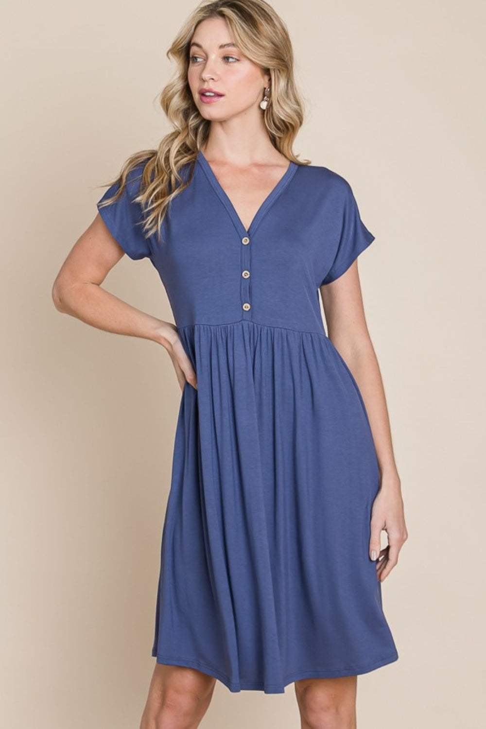 BOMBOM V-Neck Short Sleeve Dress Blue Casual Dresses - Tophatter Daily Deals