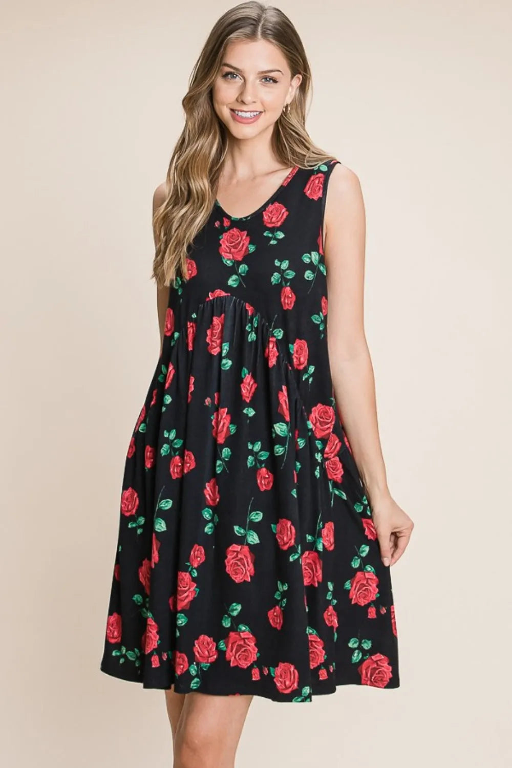 BOMBOM Floral Ruched Tank Dress Black Casual Dresses - Tophatter Daily Deals