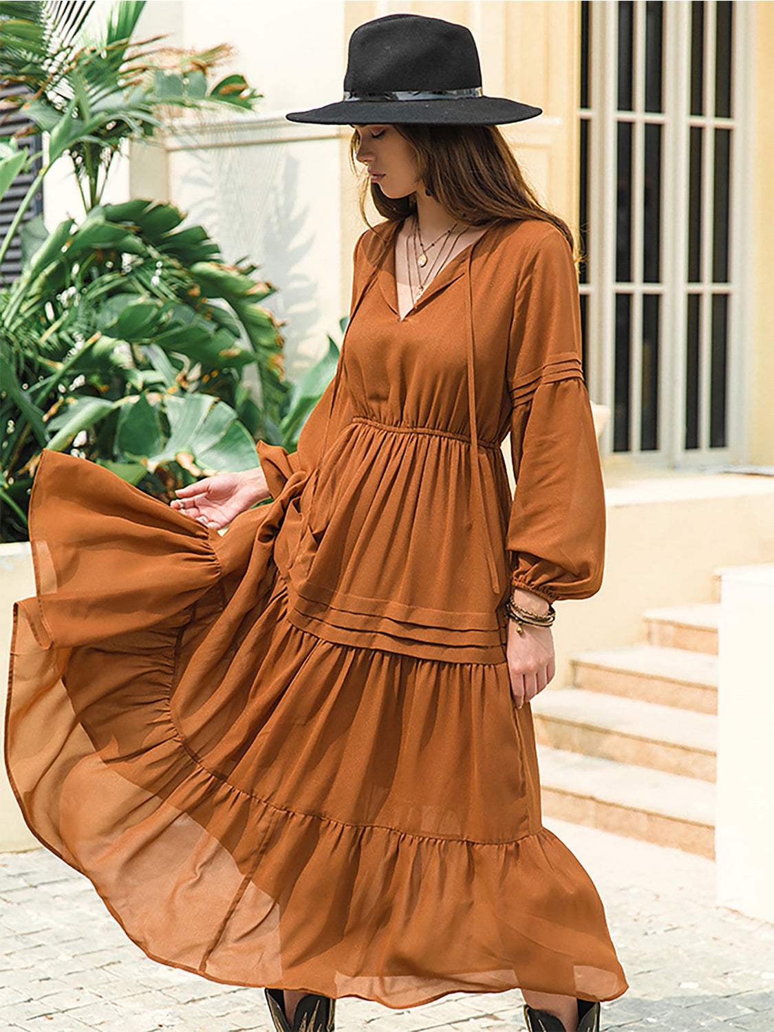 Tie Neck Long Sleeve Midi Tiered Dress Casual Dresses - Tophatter Daily Deals