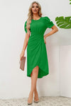 Slit Ruched Round Neck Puff Sleeve Dress Casual Dresses - Tophatter Daily Deals