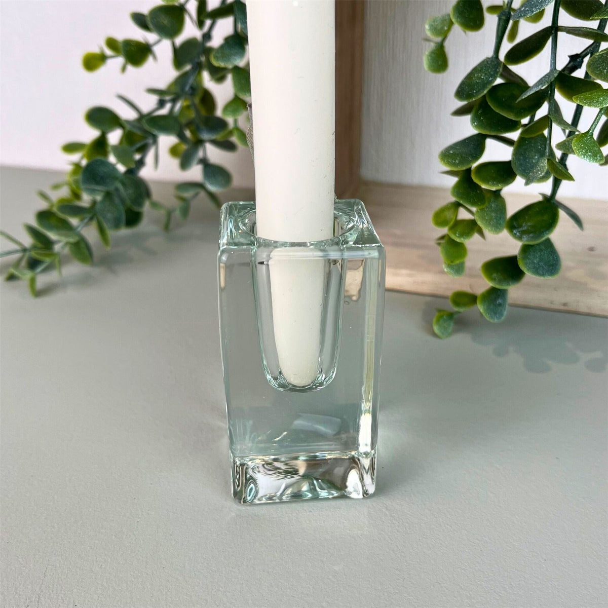 Clear Glass Candlestick | Square Glass Taper Dinner Candle Holder - 8cm Candle Holder - Tophatter Daily Deals
