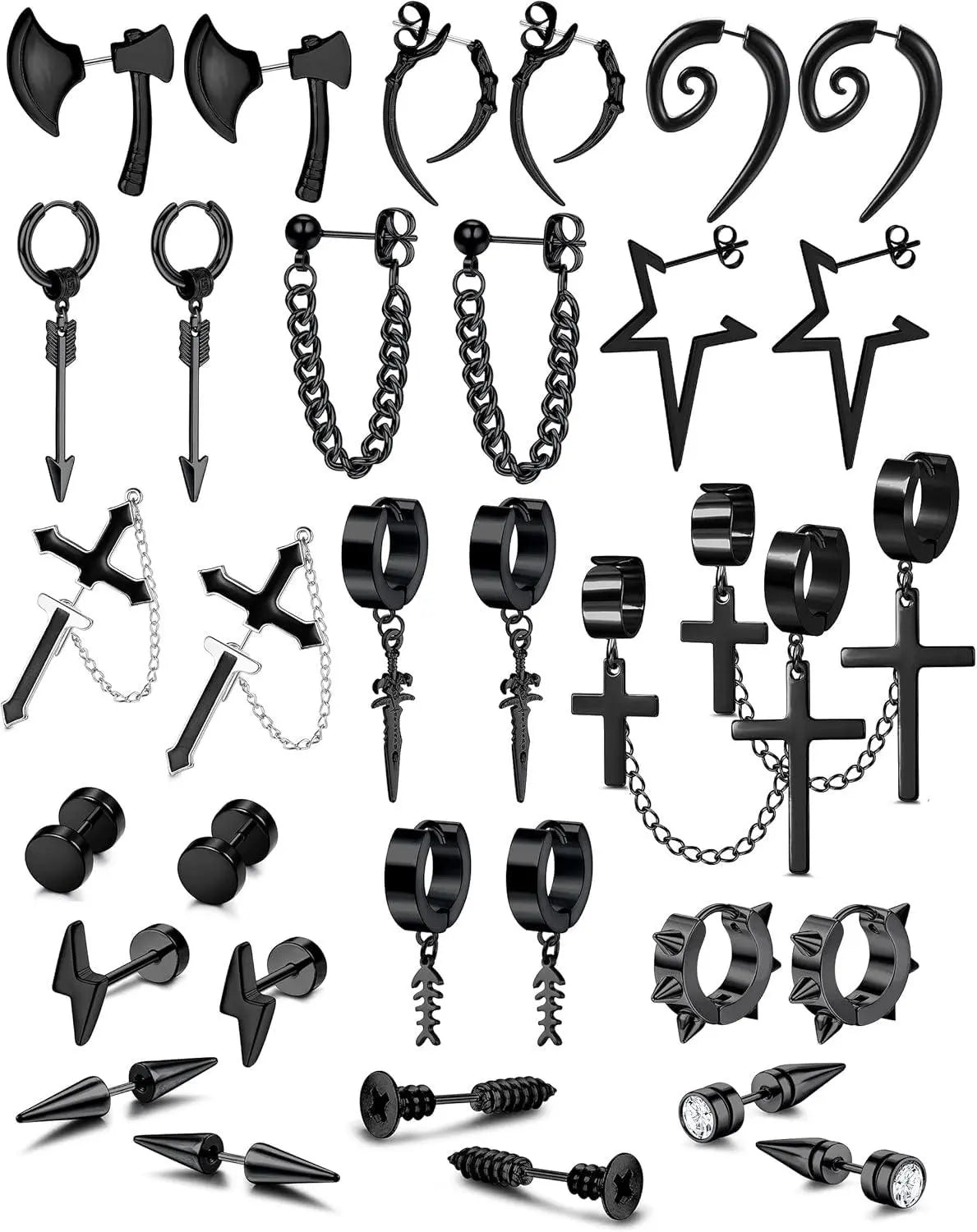 16 Pairs Y2K Punk Black Stainless Steel Earrings Set - Tophatter Daily Deals