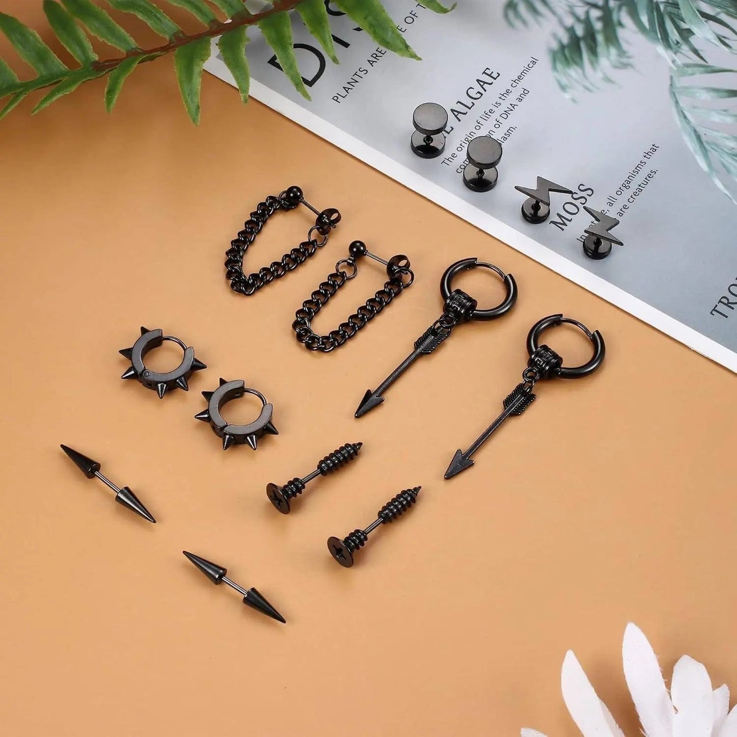 16 Pairs Y2K Punk Black Stainless Steel Earrings Set - Tophatter Daily Deals