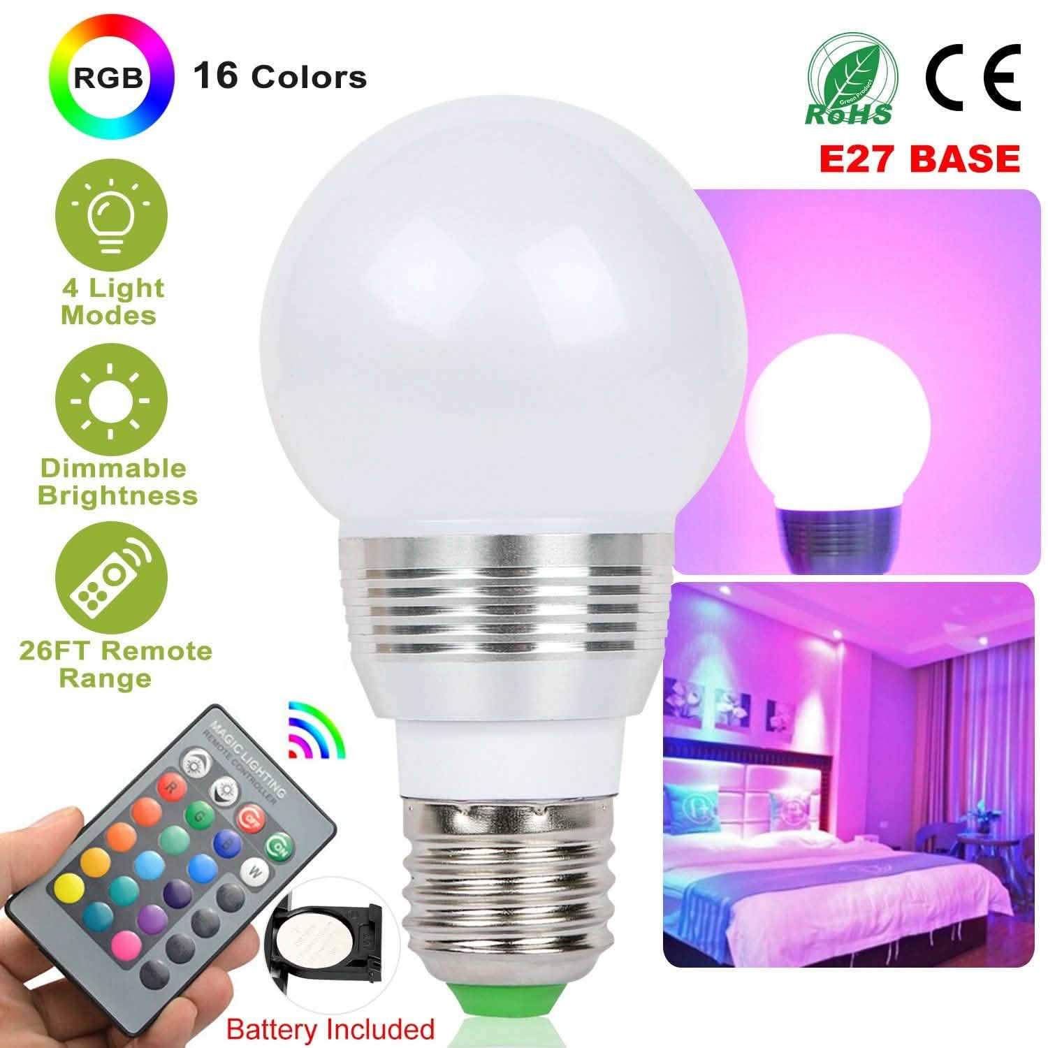 16 Colors Change LED Bulbs E27 3W RGD Dimmable Mood Lighting Lamp Indoor Lighting - Tophatter Daily Deals