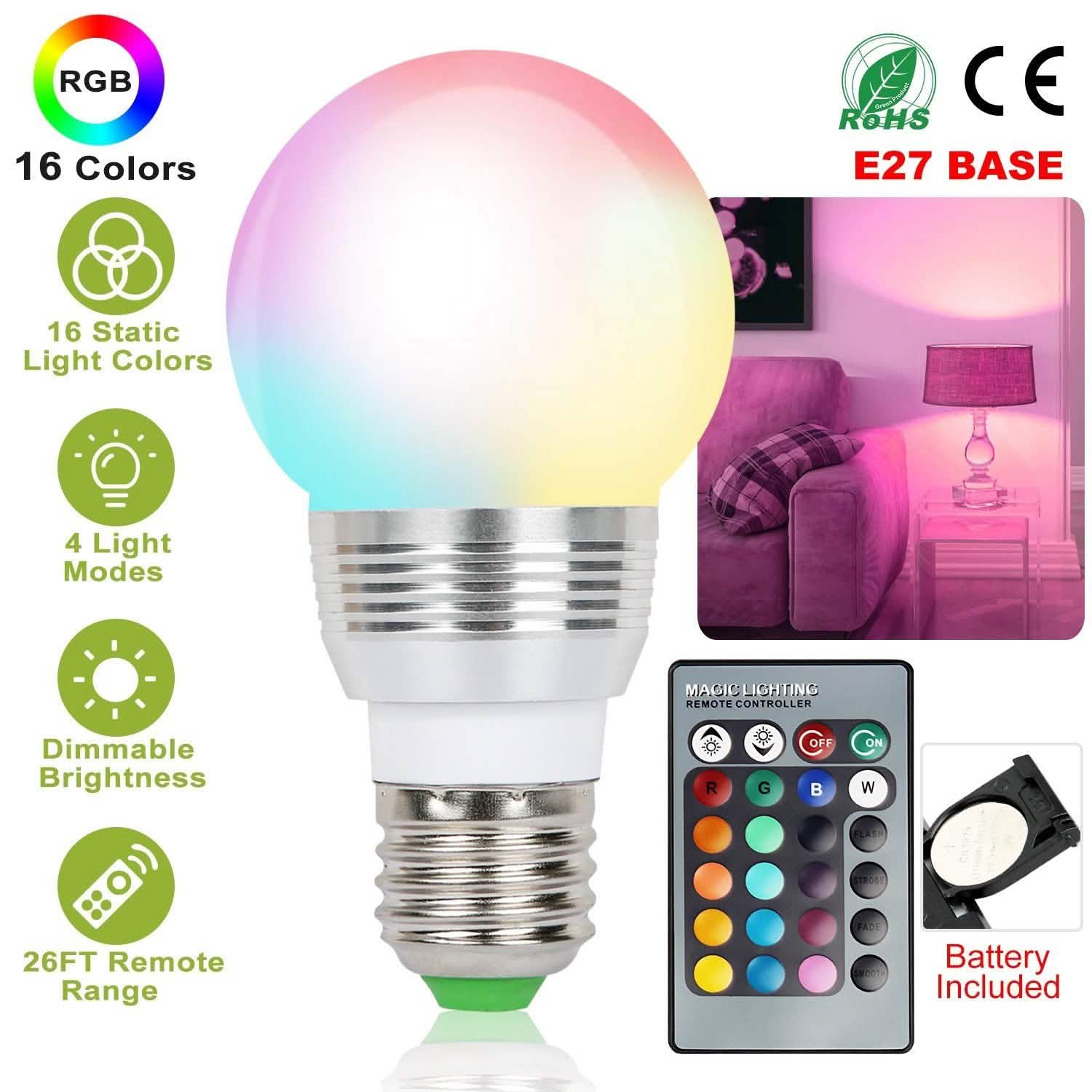16 Colors Change LED Bulbs E27 3W RGD Dimmable Mood Lighting Lamp Indoor Lighting - Tophatter Daily Deals