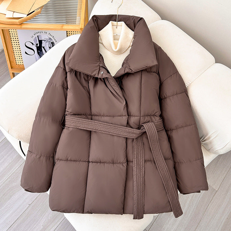 Warm Womens Puffer Coat - Belted Quilted Nylon Midthigh Coffee 3D Changing Face Moving Picture Frame - Tophatter Daily Deals