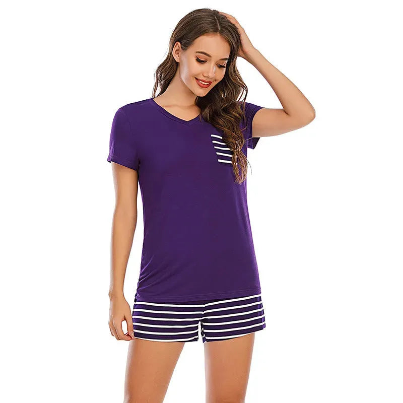 Striped Short Sleeve Top and Shorts Lounge Set Loungewear Sets - Tophatter Daily Deals