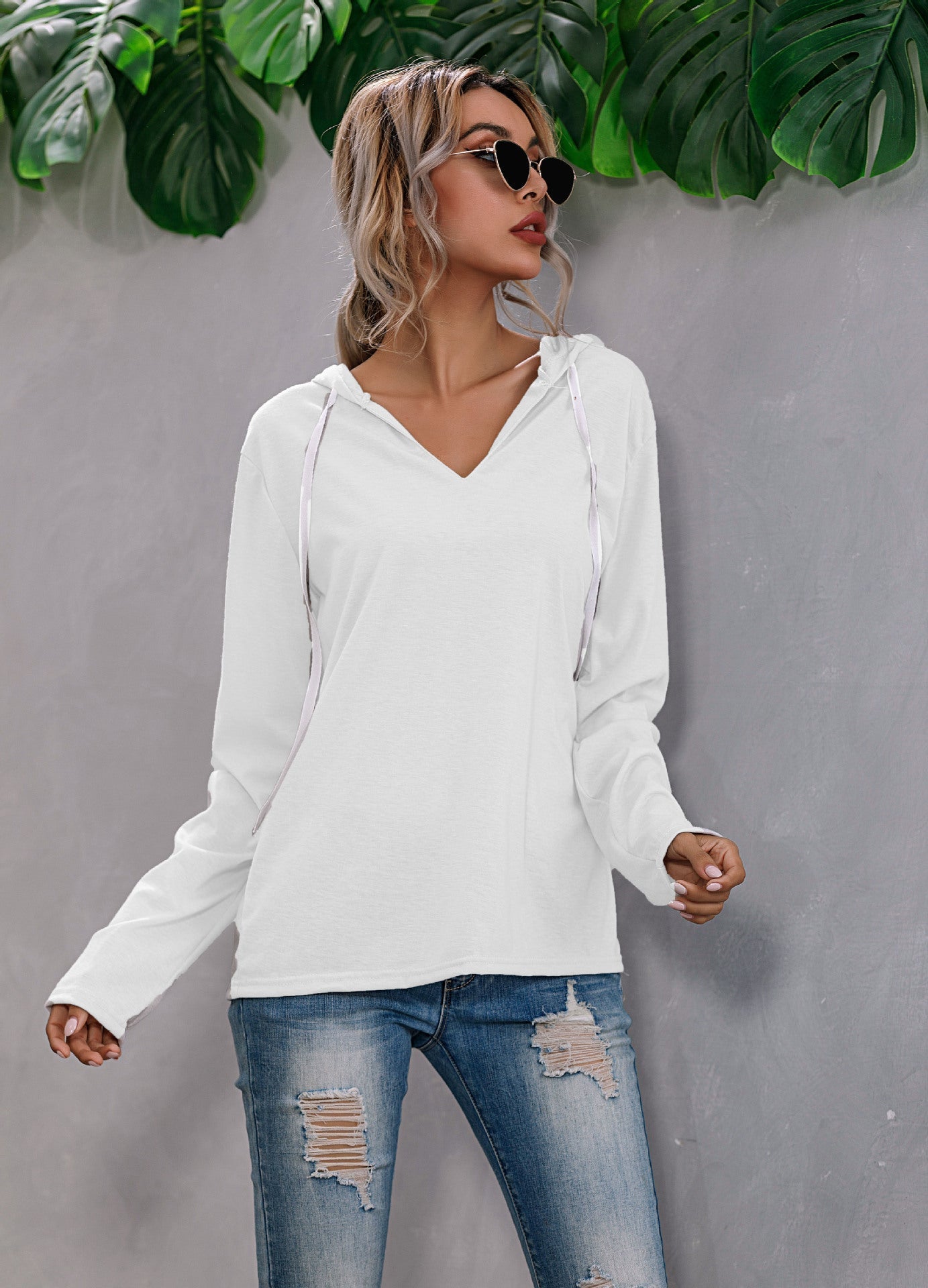Lightweight Relaxed Womens Hoodie - V Neck, Knit, Everyday White - Tophatter Daily Deals