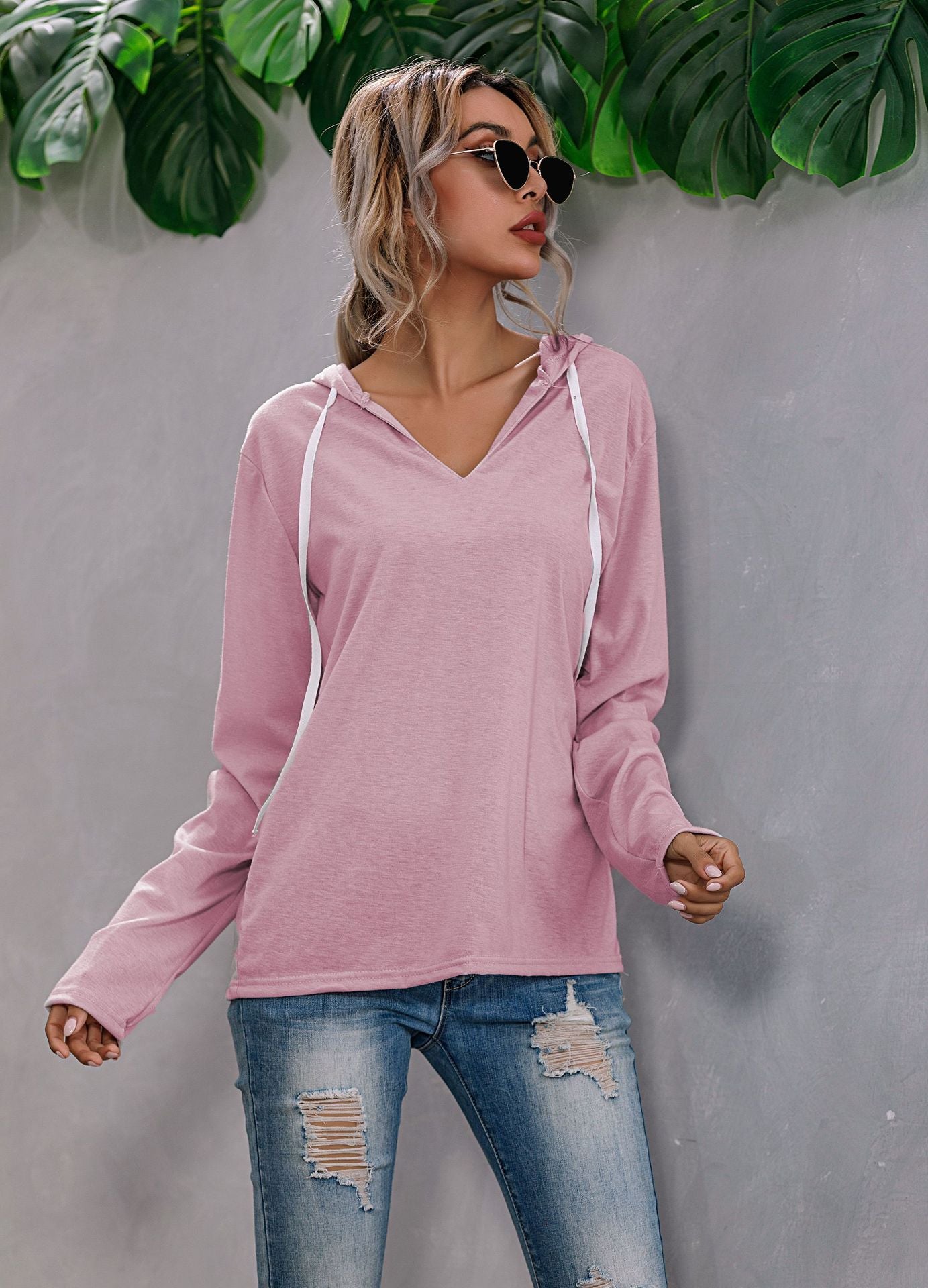 Lightweight Relaxed Womens Hoodie - V Neck, Knit, Everyday Pink - Tophatter Daily Deals