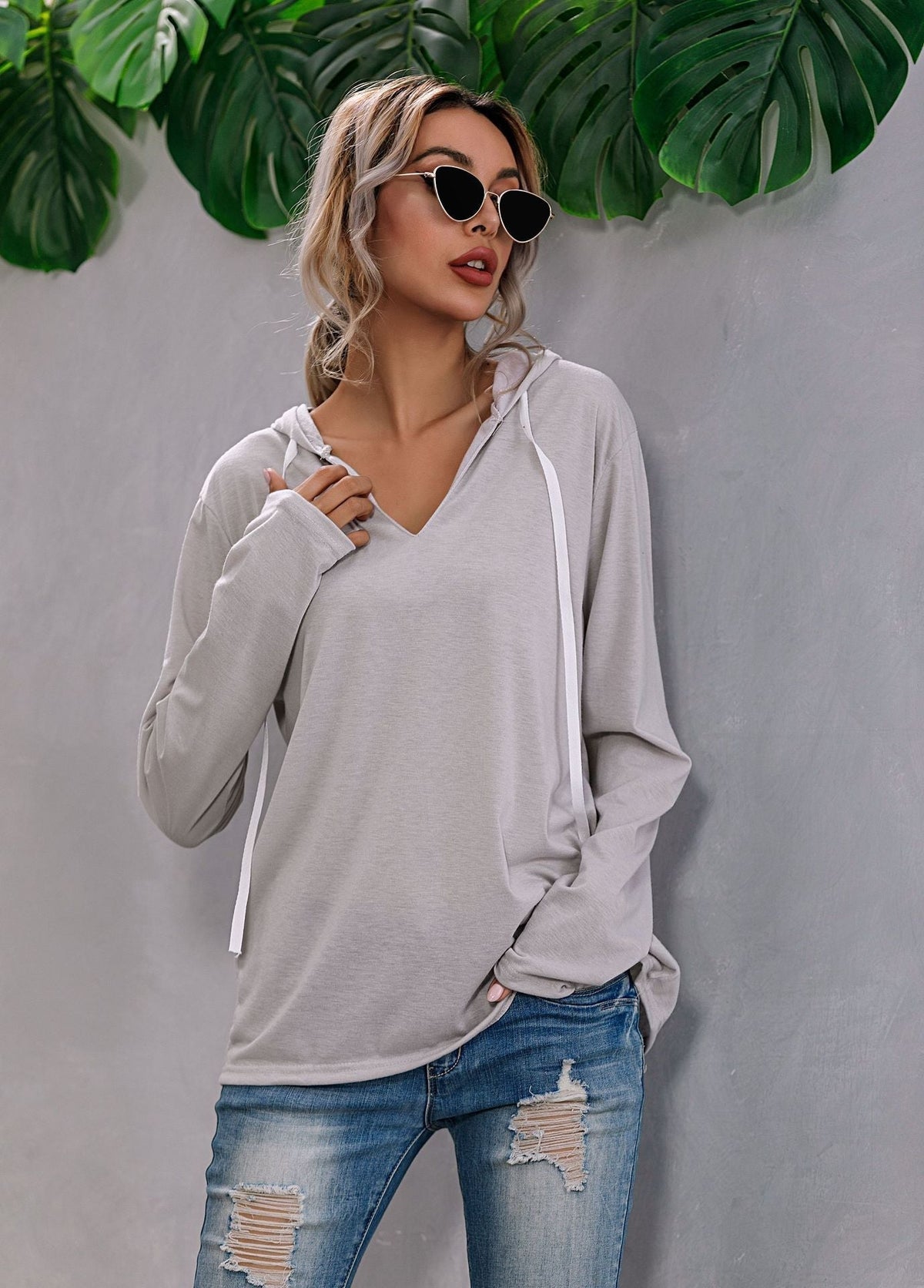 Lightweight Relaxed Womens Hoodie - V Neck, Knit, Everyday Gray - Tophatter Daily Deals