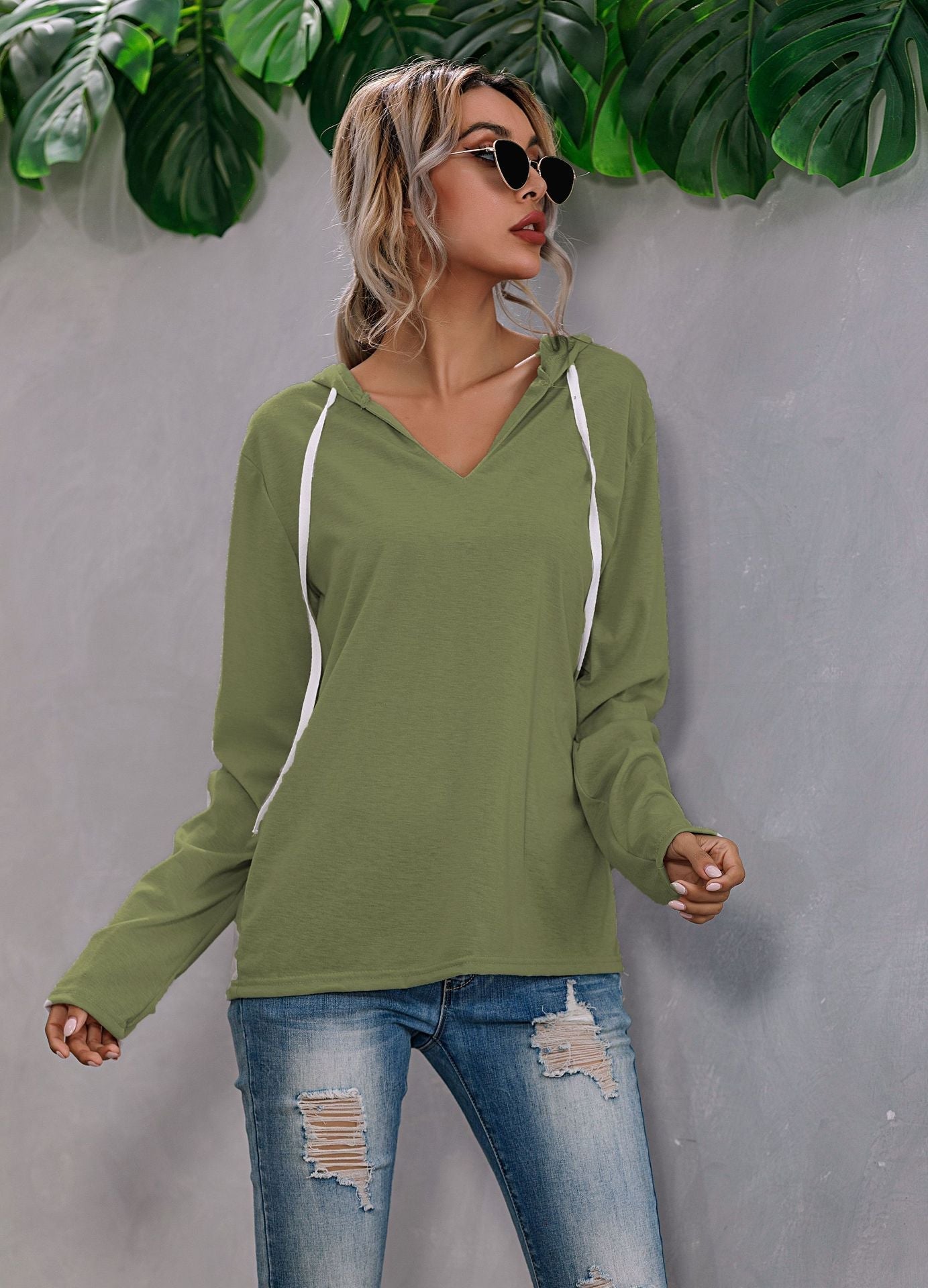 Lightweight Relaxed Womens Hoodie - V Neck, Knit, Everyday Green - Tophatter Daily Deals