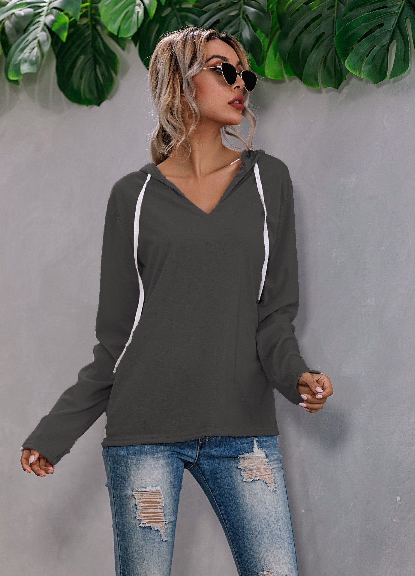 Lightweight Relaxed Womens Hoodie - V Neck, Knit, Everyday Black - Tophatter Daily Deals
