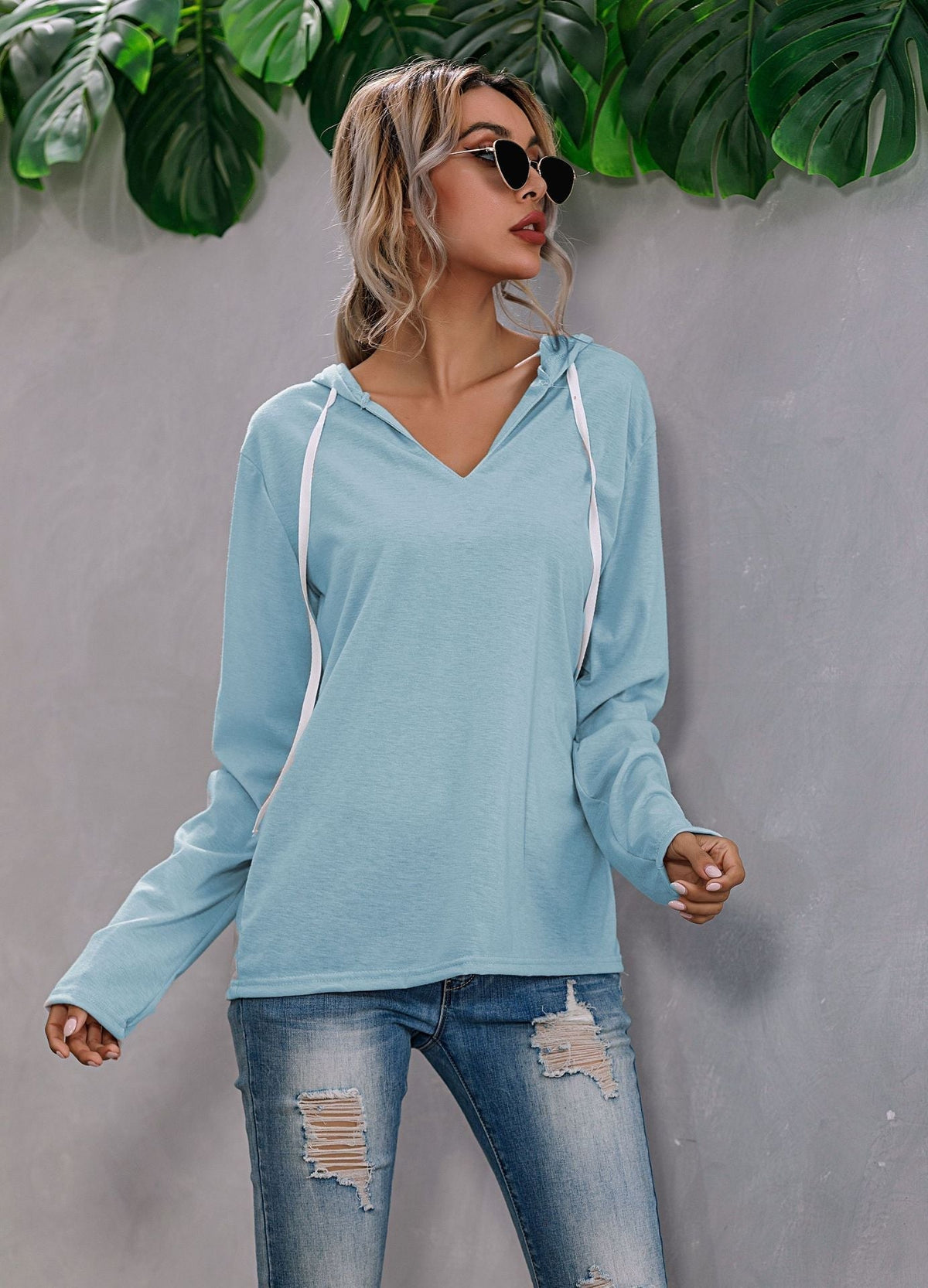 Lightweight Relaxed Womens Hoodie - V Neck, Knit, Everyday Blue - Tophatter Daily Deals