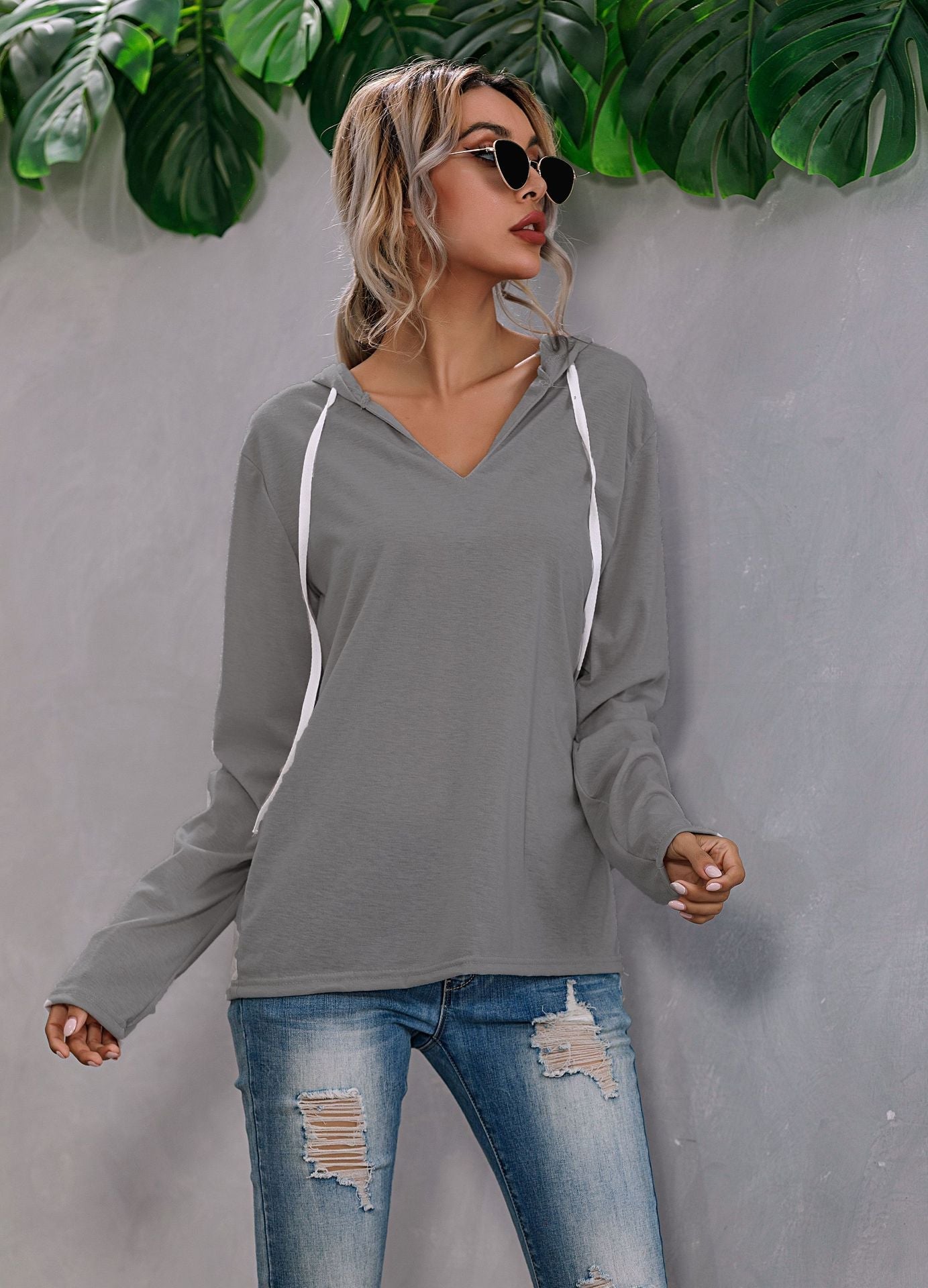 Lightweight Relaxed Womens Hoodie - V Neck, Knit, Everyday dark gray - Tophatter Daily Deals