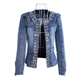 Autumn Elastic Denim Rhinestone Sequined Retro Short Jacket Denim Jacket Blue Jacket - Tophatter Daily Deals