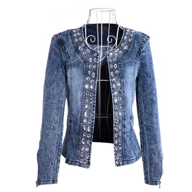 Autumn Elastic Denim Rhinestone Sequined Retro Short Jacket Denim Jacket Blue Jacket - Tophatter Daily Deals