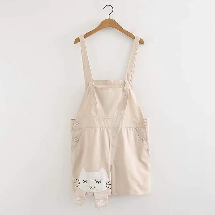 Handmade Cat Embroidery Schoolgirl Overalls Khaki OneSize Overalls - Tophatter Daily Deals
