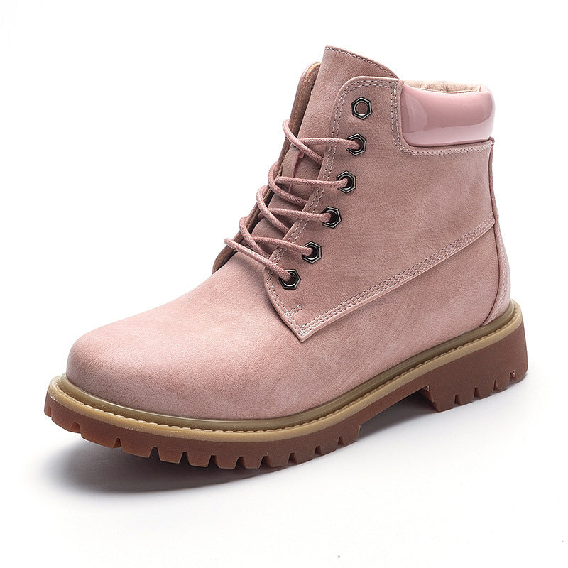 All-match Flat Thick-heeled British Style Pink Short Boots Pink Without velvet 0 - Tophatter Daily Deals