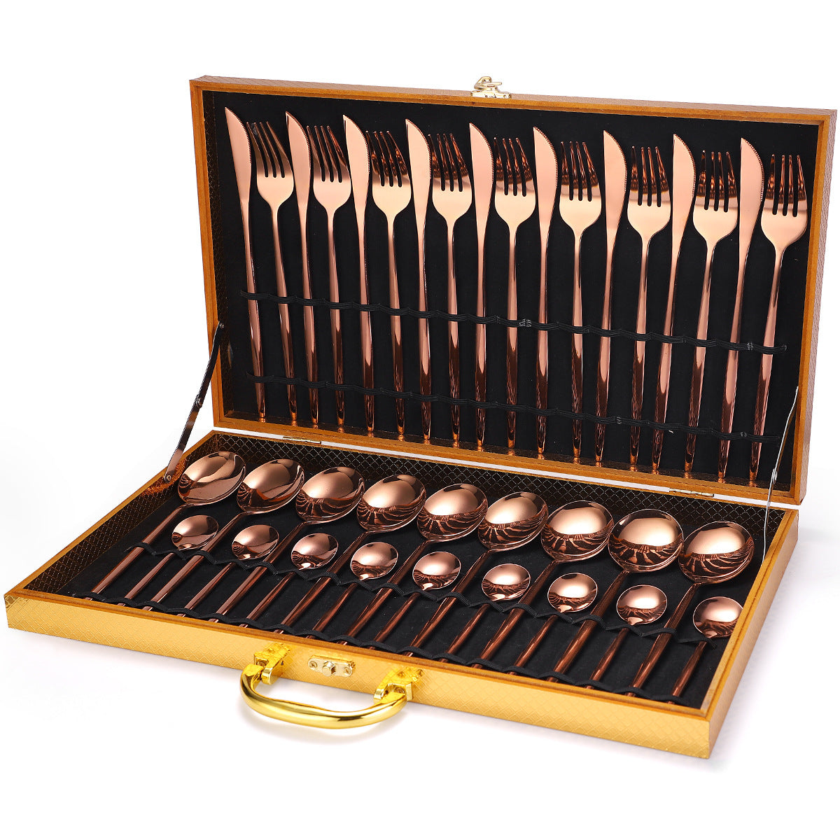 36-piece Stainless Steel Tableware Wooden Box Gift Box Set Rose Gold 0 - Tophatter Daily Deals