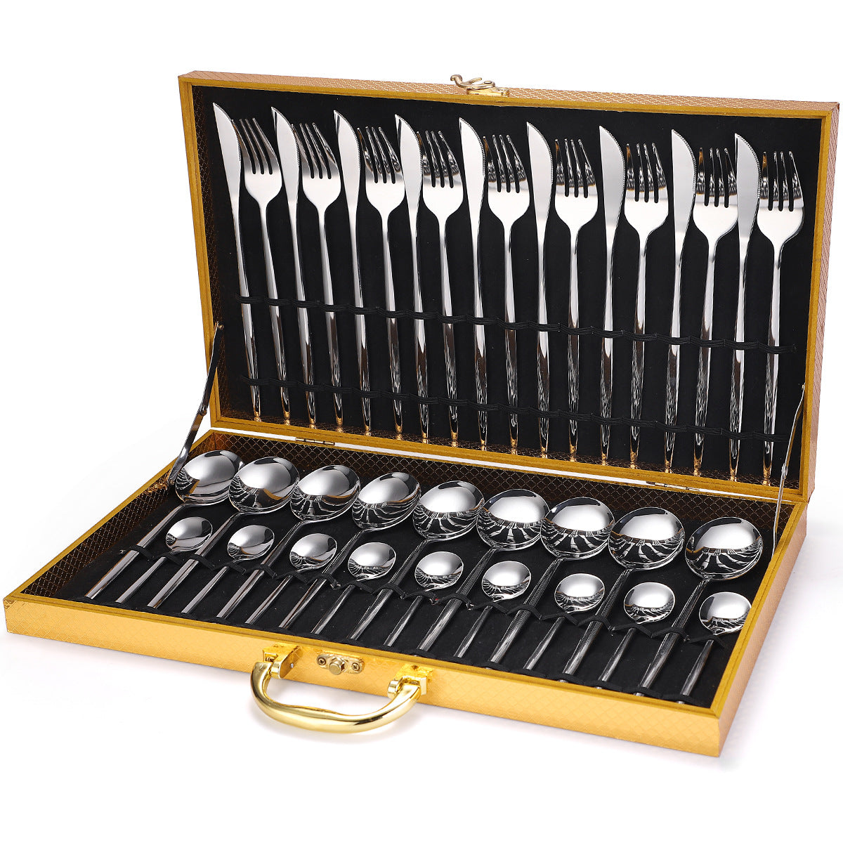 36-piece Stainless Steel Tableware Wooden Box Gift Box Set Silver 0 - Tophatter Daily Deals