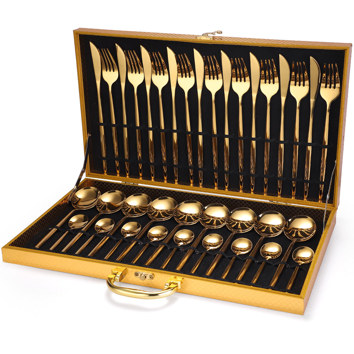 36-piece Stainless Steel Tableware Wooden Box Gift Box Set Gold 0 - Tophatter Daily Deals