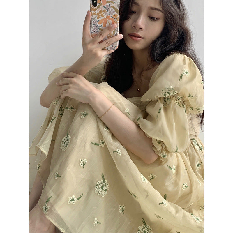 Beautiful New soft yellow Plus Size Autumn Loose Puff Sleeve Pleated Floral Long Sling Dress for Women 0 - Tophatter Daily Deals