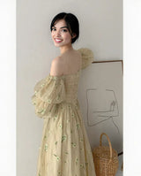 Beautiful New soft yellow Plus Size Autumn Loose Puff Sleeve Pleated Floral Long Sling Dress for Women 0 - Tophatter Daily Deals