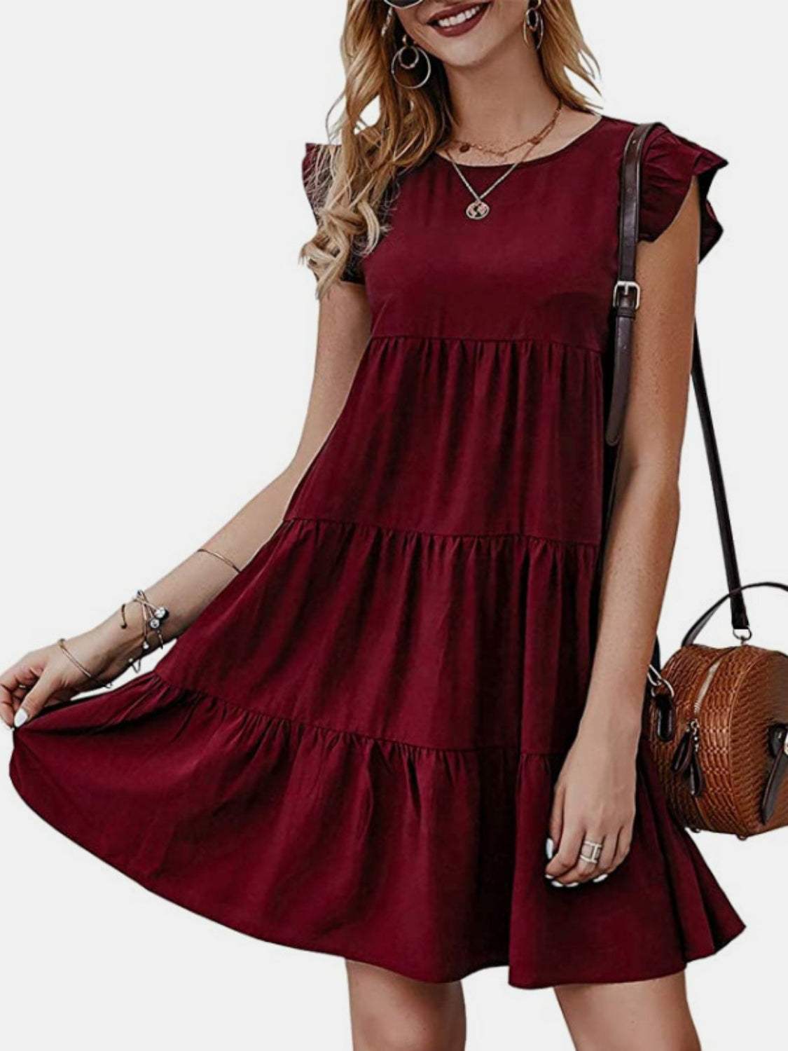 Ruffled Round Neck Cap Sleeve Mini Dress Wine Casual Dresses - Tophatter Daily Deals