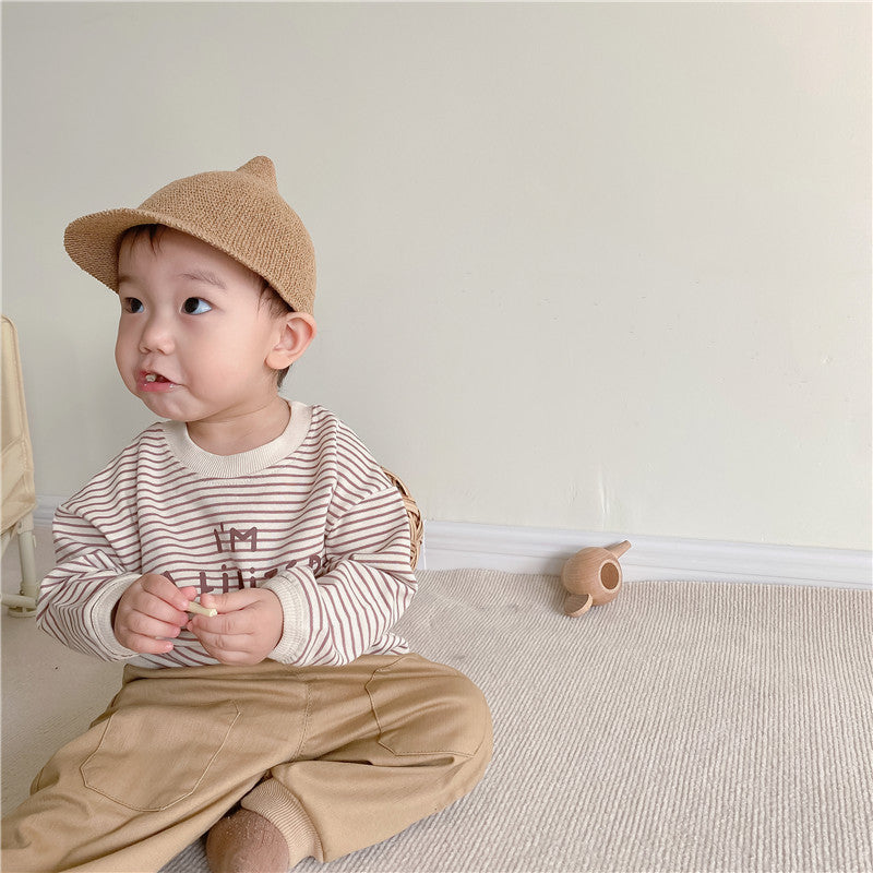 Baby suit Korean version spring new baby alphabet striped T-shirt patch casual pants baby two-piece suit 0 - Tophatter Daily Deals