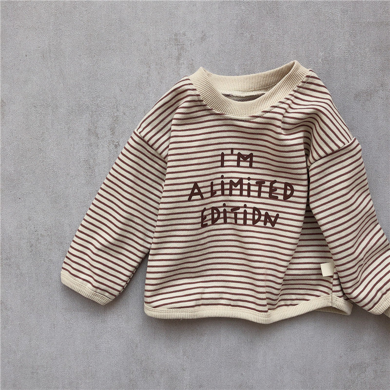 Baby suit Korean version spring new baby alphabet striped T-shirt patch casual pants baby two-piece suit Pink purple 0 - Tophatter Daily Deals