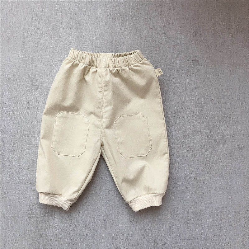 Baby suit Korean version spring new baby alphabet striped T-shirt patch casual pants baby two-piece suit Creamy white 0 - Tophatter Daily Deals