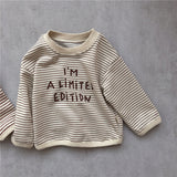 Baby suit Korean version spring new baby alphabet striped T-shirt patch casual pants baby two-piece suit Gray brown 0 - Tophatter Daily Deals