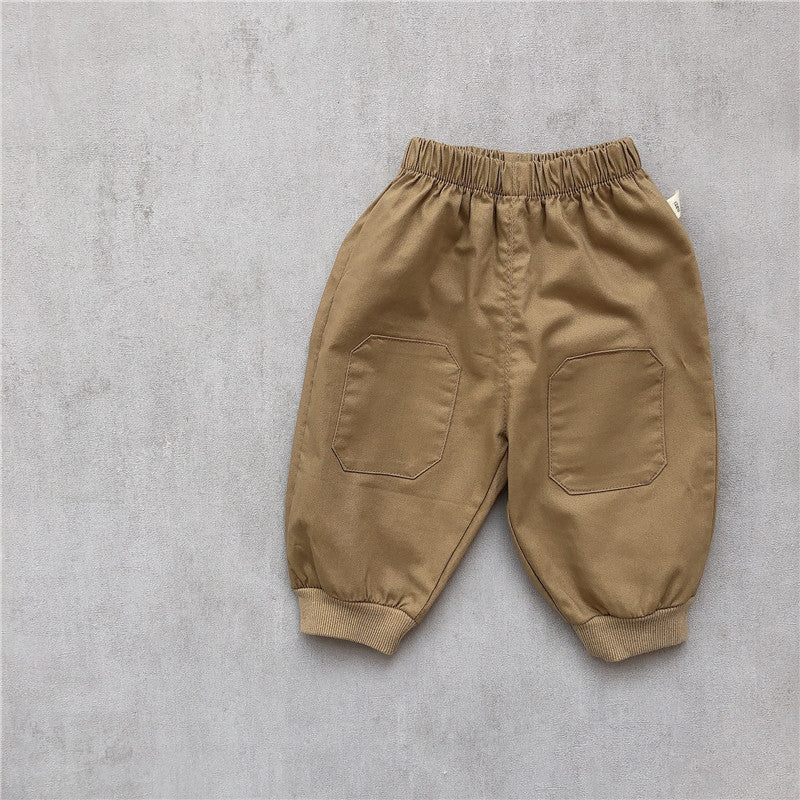 Baby suit Korean version spring new baby alphabet striped T-shirt patch casual pants baby two-piece suit Khaki 0 - Tophatter Daily Deals