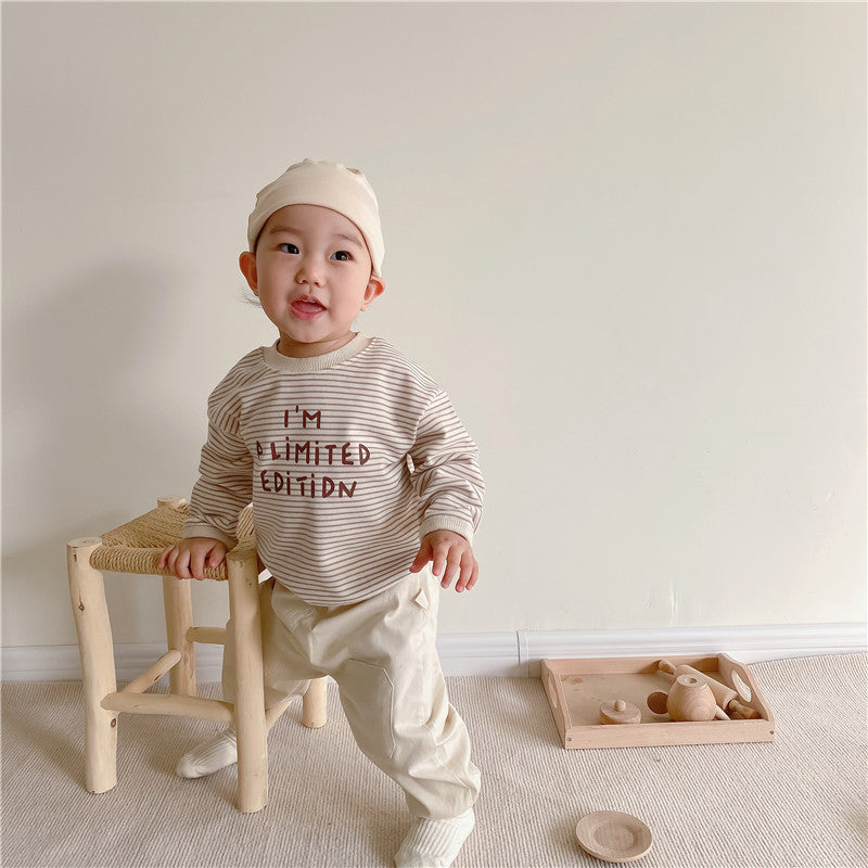 Baby suit Korean version spring new baby alphabet striped T-shirt patch casual pants baby two-piece suit 0 - Tophatter Daily Deals