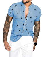 3D printed linen colorblock stand collar shirt Blue 0 - Tophatter Daily Deals