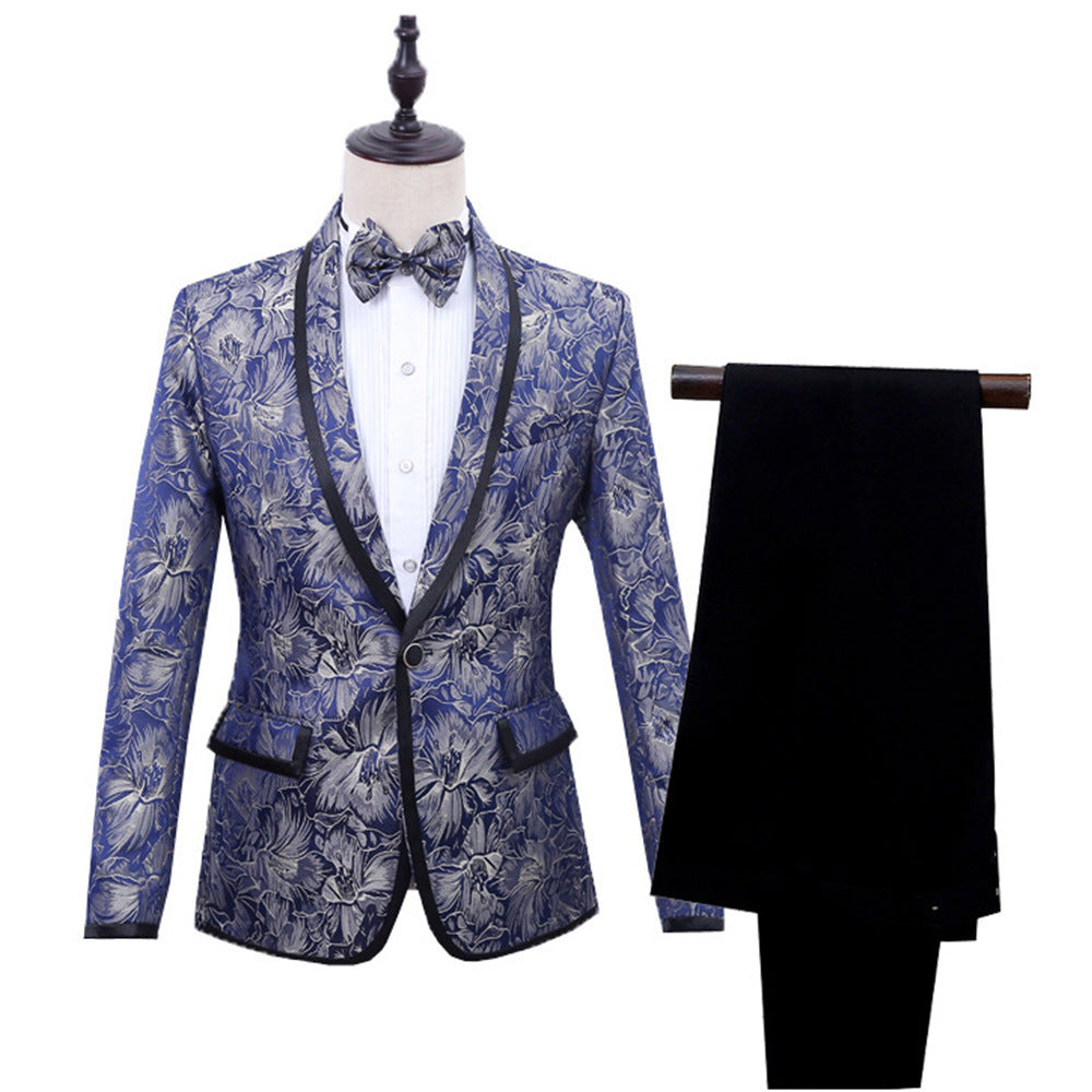 Best Man''s Dress Blue Brocade Suit One Button Green Fruit Collar With Black Edge British Men''s Two Piece Suit 2XL 0 - Tophatter Daily Deals