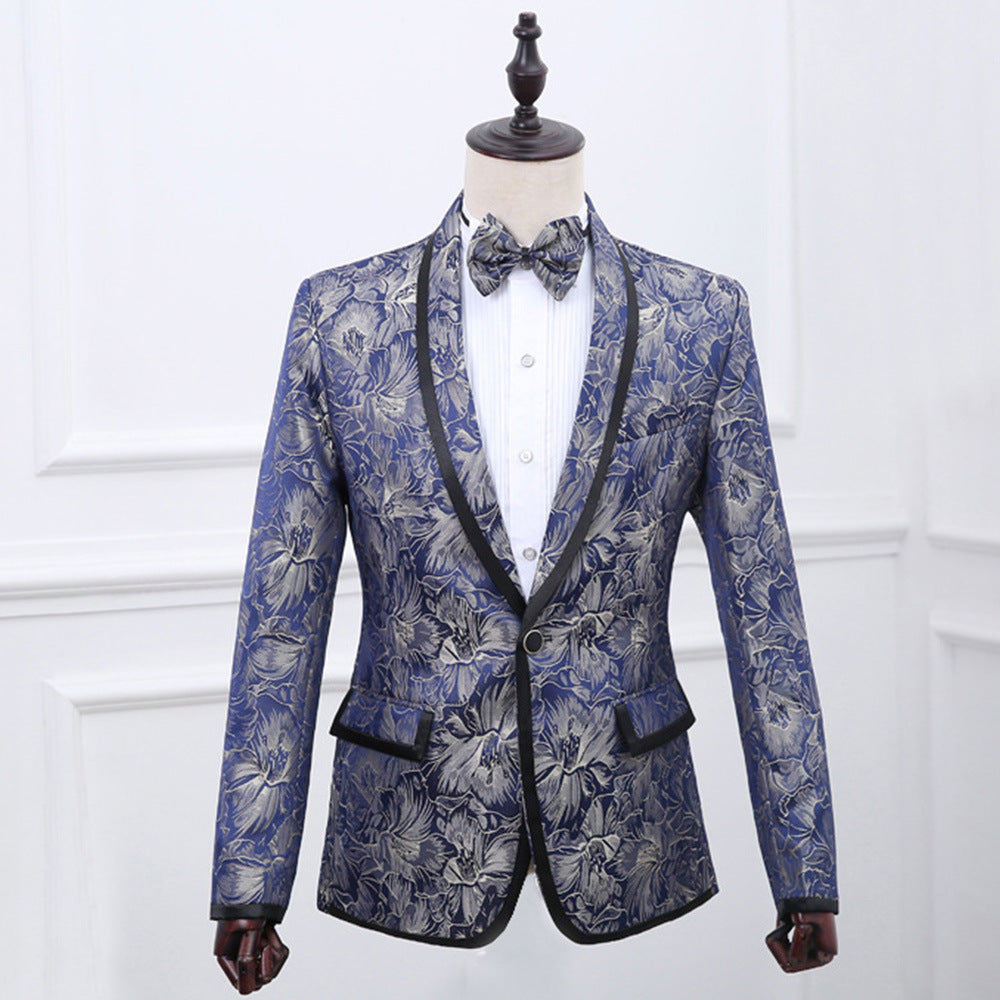 Best Man''s Dress Blue Brocade Suit One Button Green Fruit Collar With Black Edge British Men''s Two Piece Suit 0 - Tophatter Daily Deals