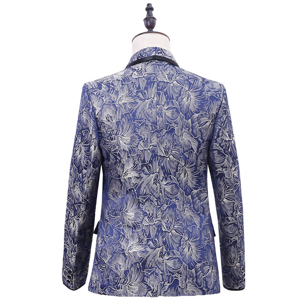 Best Man''s Dress Blue Brocade Suit One Button Green Fruit Collar With Black Edge British Men''s Two Piece Suit 0 - Tophatter Daily Deals