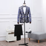 Best Man''s Dress Blue Brocade Suit One Button Green Fruit Collar With Black Edge British Men''s Two Piece Suit 0 - Tophatter Daily Deals