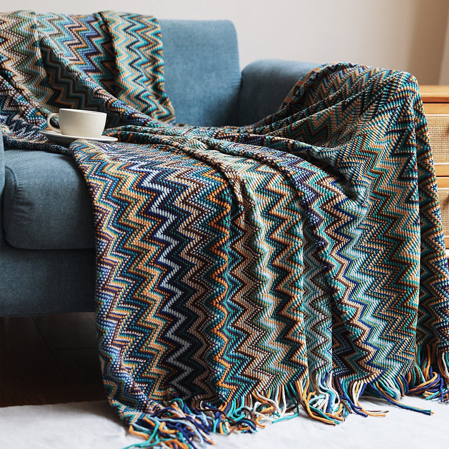 Bohemian Sofa Blanket Cross Border Knitting Blanket Office Nap Blanket Air Conditioning Blanket Blue 0 - Tophatter Daily Deals